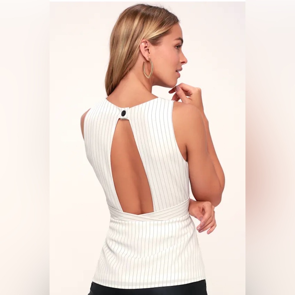 Lulu's Peplum White Open back Pinstripe Sleeveless Blouse